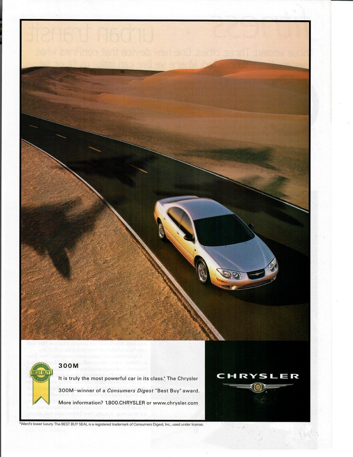 2001 Chrysler 300M Original Print Ad Cruising Down A Desert Highway Jet Shadows - $12.55