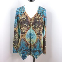 One World Women&#39;s L Blue &amp; Brown Ornate Floral Knit Chiffon Layer Rhinestone Top - £13.67 GBP