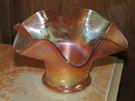 Carnival Glass Bowl 6&quot;+ Blackberry Spray Ruffled Hat Marigold Amber Irid... - $18.93 CAD