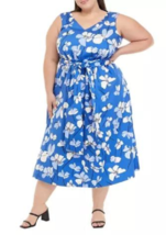 New Anne Klein Blue White Floral Cotton Belted Midi Dress Size 2X Women $149 - £77.68 GBP