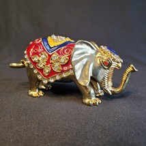 Large Heavy Bejeweled Brass Elephant Hinged Metal Enameled Cloisonne Trinket box - £23.25 GBP