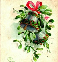 Wishing You Very Happy Christmas Mistletoe Silver Bells Embossed 1910s Postcard - £3.05 GBP