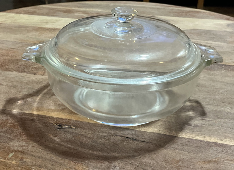 Vintage Glasbake 2 Quart Round Clear Glass Casserole Baking Dish W Lid C... - $12.19