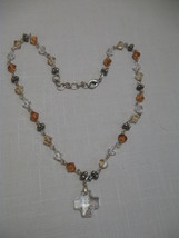 Necklace Pendant Cross Crystal Clear Acrylic Rondelle Amber Crystal Clear Beads  - $17.00