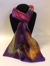 Hand Painted Silk Scarf Pink Gold Green Purple Women Unique Oblong Head ... - £43.90 GBP