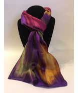 Hand Painted Silk Scarf Pink Gold Green Purple Women Unique Oblong Head Neck - $56.00