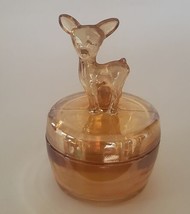 Vintage Deer Fawn Jeanette Marigold Carnival Glass Trinket Candy Powder Dish Lid - £11.87 GBP