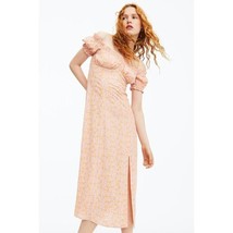 H&amp;M Floral Puff Sleeve Dress Large Sweetheart Slit Ruching Midi Maxi Pin... - $19.00