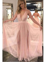 Blush Pink Flowy Side Slits Plunge V neck Sexy Party Prom Dress - £111.08 GBP
