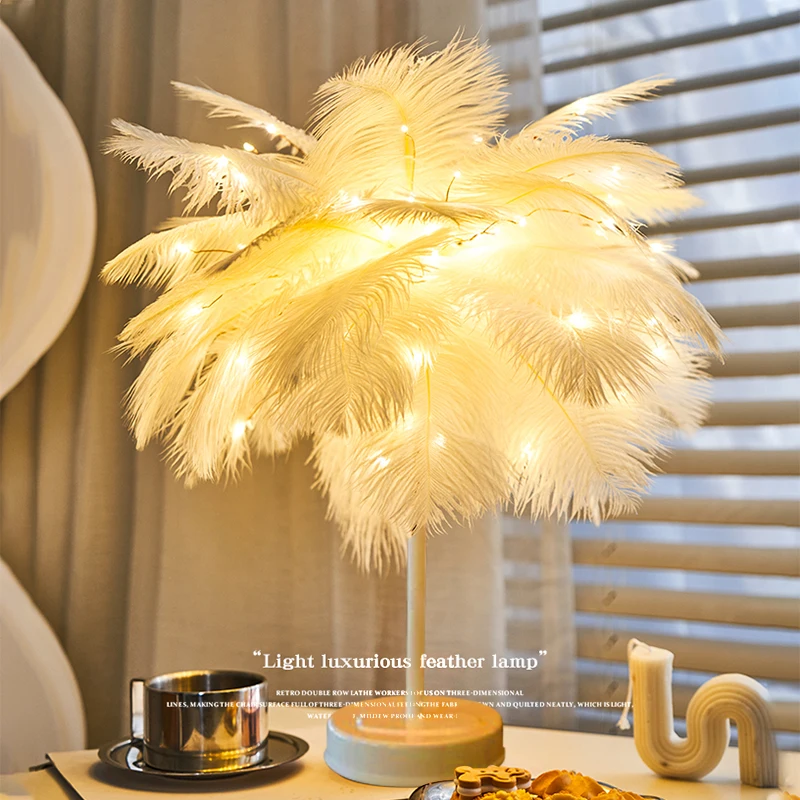 Ostrich Feather Table Lamp Artificial Feather Shade LED Desk Night Light - £18.61 GBP+