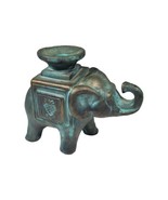 Glazed Terra Cotta Pottery Smiling Elephant Candlestick Holder Blue Gold - $22.46