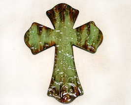 Metal Enameled Green and Brown Inspirational Wall Cross - £10.17 GBP