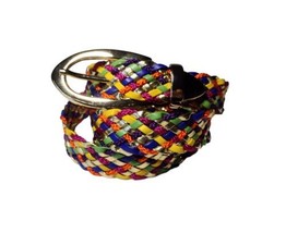 Woven Leather Belt Women&#39;s Size M Brass Buckle Vintage USA Rainbow Metal... - $15.10