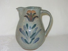 Stoneware Pottery Pitcher Vintage Studio Art Signed Gray Speckled Blue Flower - £21.70 GBP