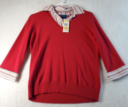 Karen Scott Sweater Women Petite Small Red Knit 100% Cotton Multi Striped Collar - £16.13 GBP