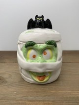 Vintage Halloween Mummy Cookie Jar Candy Dish with Lid Black Bat Ceramic... - £21.40 GBP