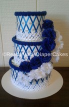 Royal Blue and White Themed Baby Shower Decor 3 Tier Diaper Cake Centerpiece - £47.80 GBP