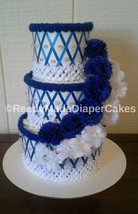 Royal Blue and White Themed Baby Shower Decor 3 Tier Diaper Cake Centerpiece - £67.35 GBP