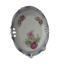 Silesia Vintage Porcelain Cake Plate Handpainted Roses With Cut In Handles - $21.25 CAD