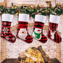 4 Pack 18&quot; Christmas Stockings Burlap Plaid Style With Snowflake Santa Snowman  - £21.90 GBP