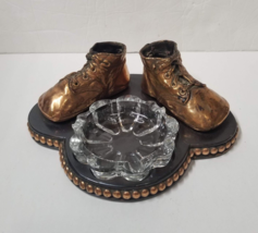 Bronzed Baby Shoes Glass Ashtray Trinket Dish Vintage Decorative 9&quot; x 7&quot; - £14.94 GBP