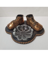 Bronzed Baby Shoes Glass Ashtray Trinket Dish Vintage Decorative 9&quot; x 7&quot; - £15.16 GBP
