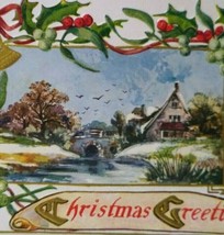 Christmas Postcard Cottage Seagulls Birds Poinsettia Gold Bells Embossed Vintage - £15.13 GBP