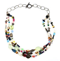 Layered Multi Strand Beaded Gemstone Necklace Sterling Silver Toggle Clasp 26 in - £69.28 GBP