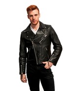 Men&#39;s Genuine Lambskin Leather Jacket Black Slim fit Motorcycle Biker ja... - £87.57 GBP