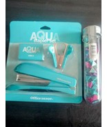 AQUA STAPLER SET OFFICE DEPOT STAPLER &amp; PUSH PINS.  NEW. - £10.17 GBP