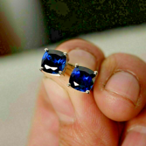 Women 2Ct Cushion Cut Simulated Blue Sapphire Solitaire Stud 925 Silver Earrings - £22.05 GBP