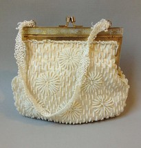 Winter White Beaded Purse Satin Evening Hand Bag Cream Gold Metal Frame Vintage - £25.35 GBP
