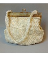 Winter White Beaded Purse Satin Evening Hand Bag Cream Gold Metal Frame Vintage - $32.00