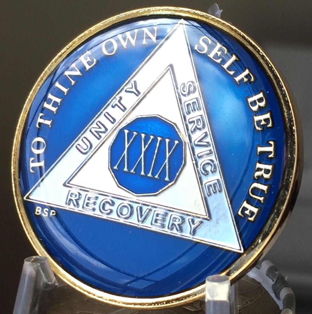 Primary image for 29 Year Midnight Blue AA Medallion Alcoholics Anonymous Chip Gold Tri-Plate one