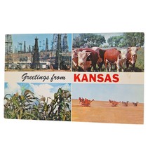 Postcard Greetings From Kansas Oil Wheat Cattle Corn Banner Card Chrome Unposted - $8.21