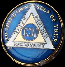 37 Year Midnight Blue AA Medallion Alcoholics Anonymous Chip Gold Tri-Pl... - £20.53 GBP