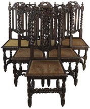 Antique Dining Chairs French Hunting Renaissance Set 6 Oak Wood Rattan Cane - £2,805.62 GBP