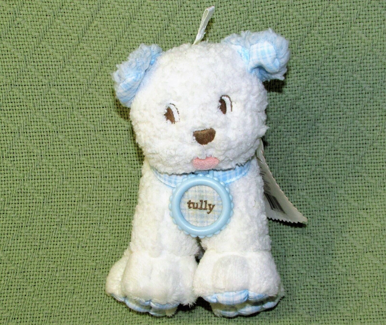 AMY COE BABY PLUSH NEWBORN RATTLE TULLY TOY WHITE BLUE PLAID LIMITED EDITION  - $10.80