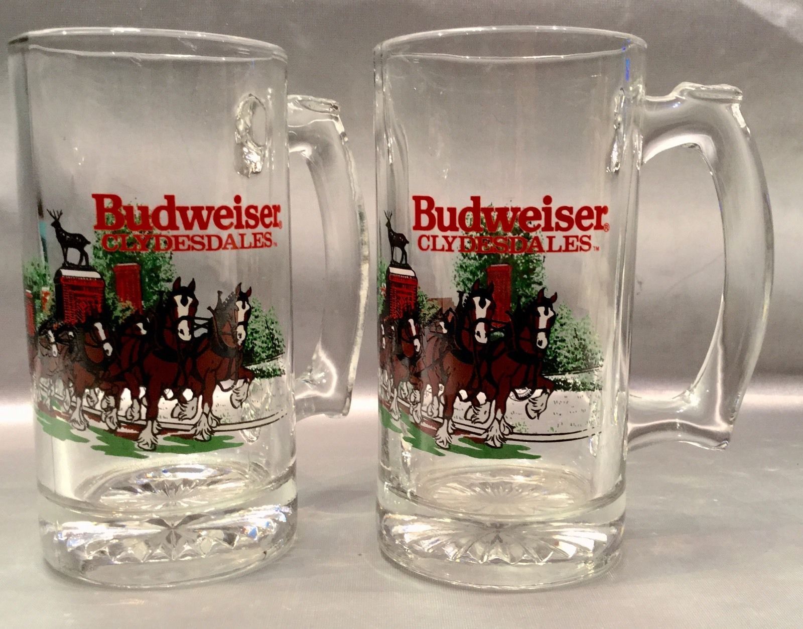 Primary image for Budweiser CLYDESDALES 1991 Grant's Farm Clear Glass Beer Mugs Set Of 3 -MANCAVE!
