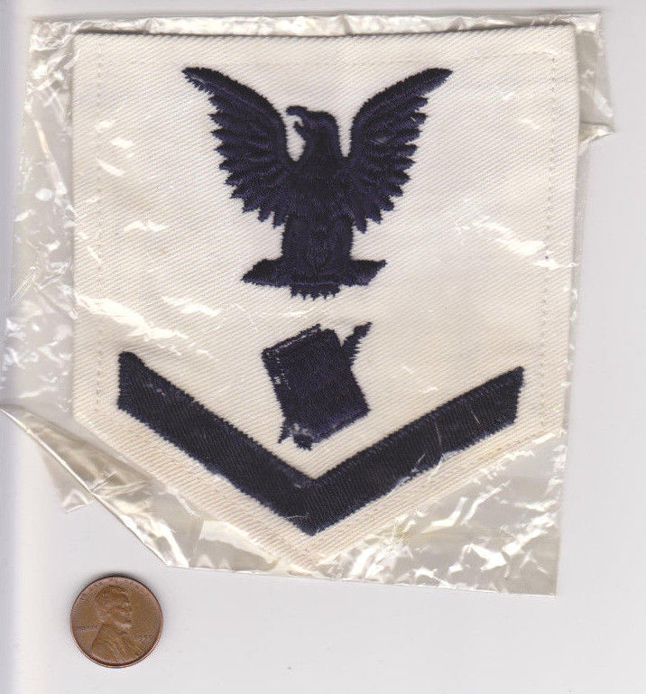 Vtg Navy Chevron Patch-White/Blue-Embroidered-Eagle-Book&Pen-USA Military-Old Sc - $11.29