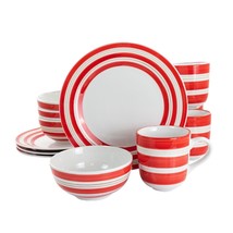 Gibson Home Sunset Stripes 12 Piece Round Fine Ceramic Dinnerware Set in Red - $74.20