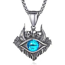 Men&#39;s Baphomet Blue Skull Evil Eye Pendant Necklace Punk Rock Jewelry Chain 24&quot; - £8.85 GBP