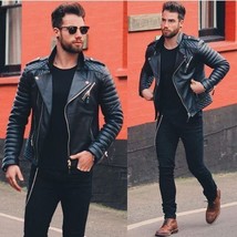 Men Genuine Lambskin Quilted Real Leather Motorcycle Slim fit Biker Jacket - £95.69 GBP