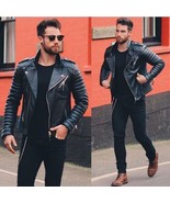 Men Genuine Lambskin Quilted Real Leather Motorcycle Slim fit Biker Jacket - £95.91 GBP