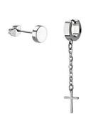 Latin Thin Cross Helix Huggie Hoop and Illusion Plug Stud Silver Tone Ea... - $285.40 MXN