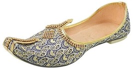 Mens Wedding Jutti ethnic Mojari Indian Punjabi Shoes US 8-12 Blue &amp; Cream Gold - £35.66 GBP
