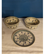 BOLESLAWIEC Polish Pottery Lucky Blue Clover Bowl &amp; Plate Floral Green - £35.00 GBP