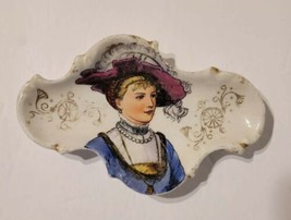 Vintage Porcelain Scroll Edge Trinket Dish Victorian Lady Hat Portrait Blue READ - £11.98 GBP