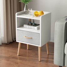 White Lucknock Nightstand With Fabric Drawer, Bedside Table With Solid Wood - £38.58 GBP