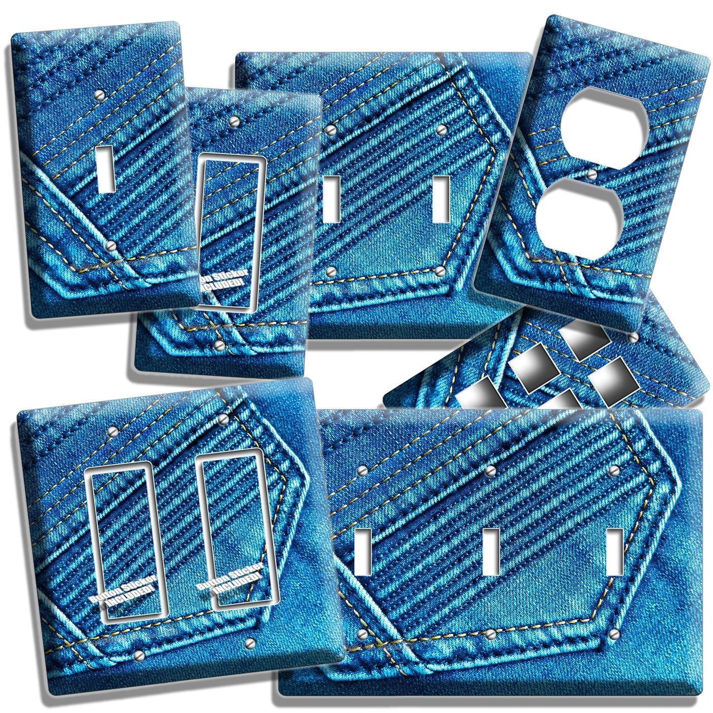 DENIM BLUE WASHED JEANS POCKET STITCHES LIGHT SWITCH WALL PLATE OUTLET ART DECOR